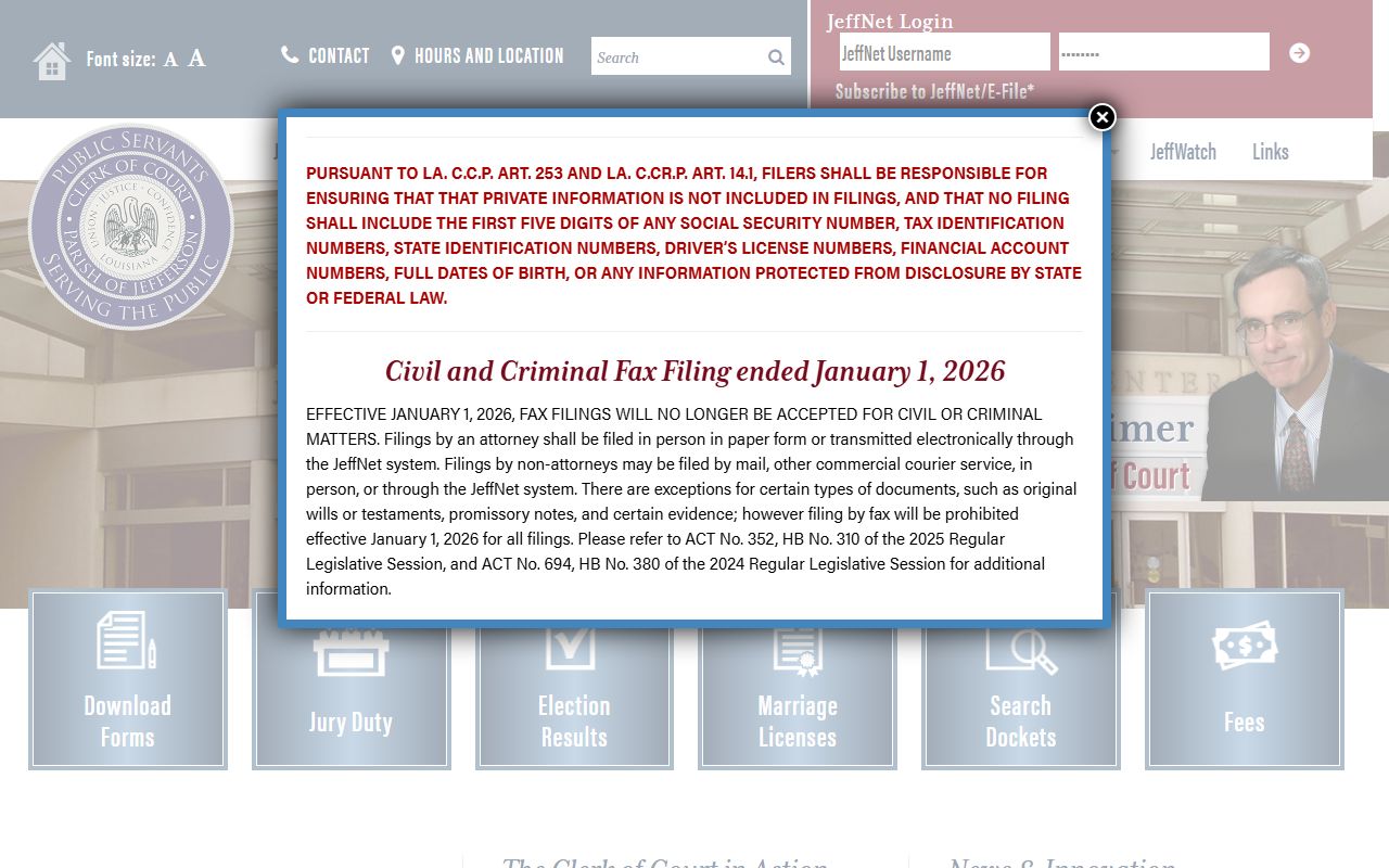 Jefferson Parish Clerk of Court website for Kenner criminal records