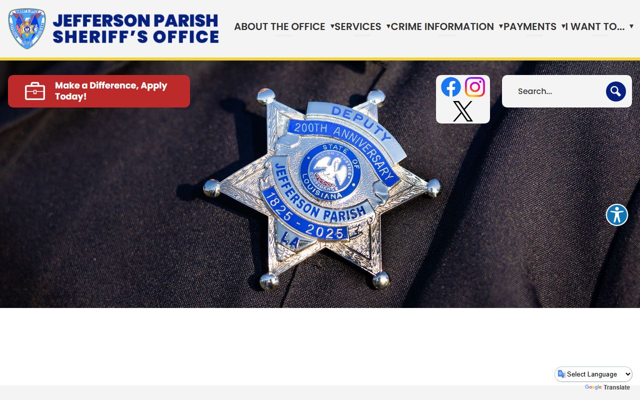 Jefferson Parish Sheriff Office website serving Terrytown criminal records