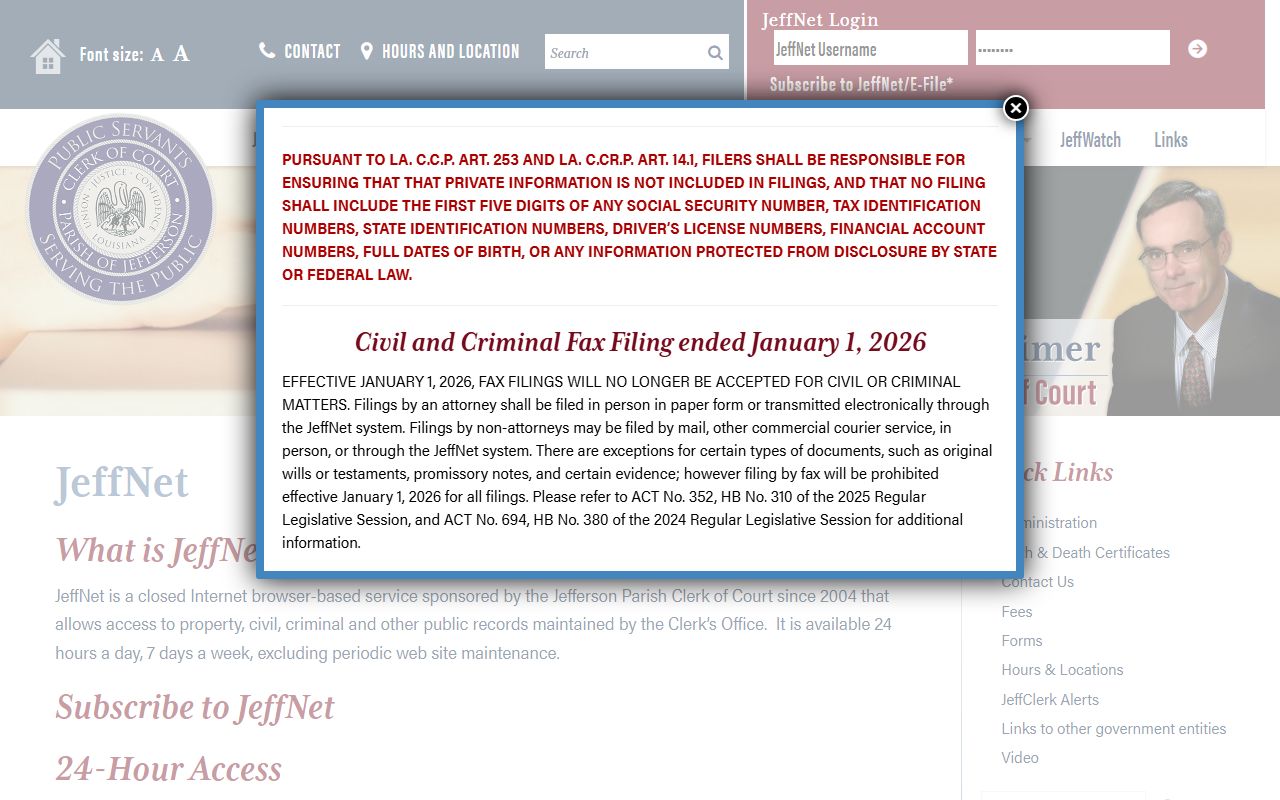 JeffNet online records login portal for Jefferson Parish criminal records in Louisiana