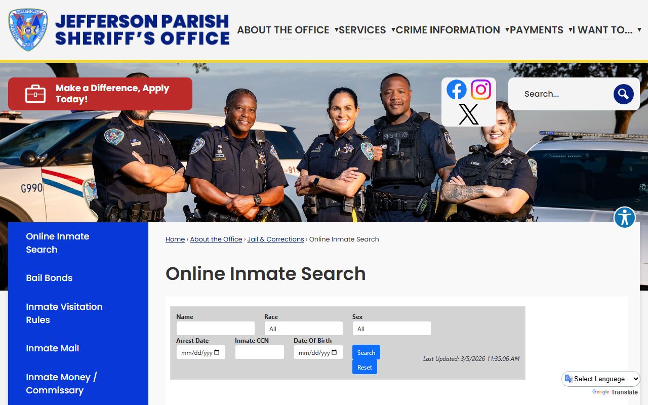 Jefferson Parish Sheriff's Office online inmate search tool for current bookings and charges