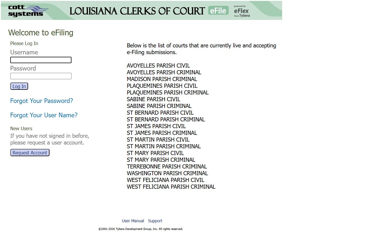 Tybera eFile portal for Sabine Parish criminal case filings in Louisiana