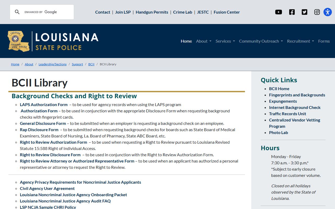 Louisiana BCII forms page for criminal record review and expungement related submissions