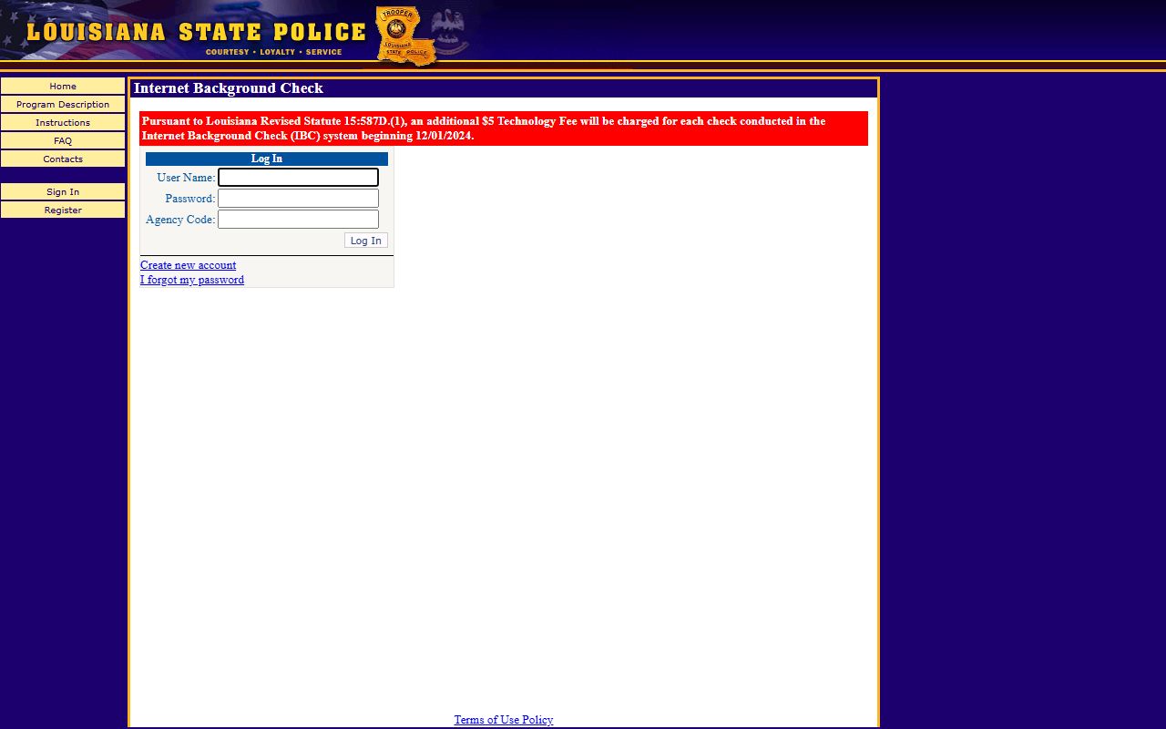 Louisiana Internet Background Check IBC portal for criminal history submissions
